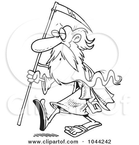 Royalty-Free (RF) Clip Art Illustration of a Cartoon Black And White Outline Design Of Father Time Carrying A Scythe by toonaday