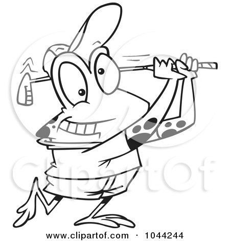 Royalty-Free (RF) Clip Art Illustration of a Cartoon Black And White Outline Design Of A Frog Golfing by toonaday