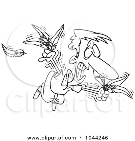 Royalty-Free (RF) Clip Art Illustration of a Cartoon Black And White Outline Design Of A Man Trying To Fly With Feathers by toonaday