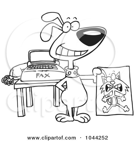 Royalty-Free (RF) Clip Art Illustration of a Cartoon Black And White Outline Design Of A Dog Holding A Fax Of A Cat by toonaday