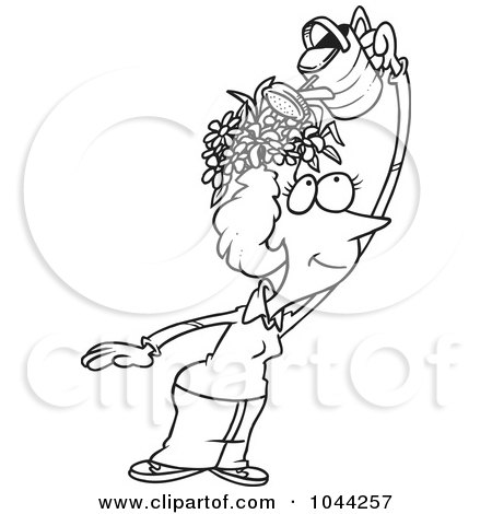 Royalty-Free (RF) Clip Art Illustration of a Cartoon Black And White Outline Design Of A Fertile Woman Watering The Flowers On Her Head by toonaday