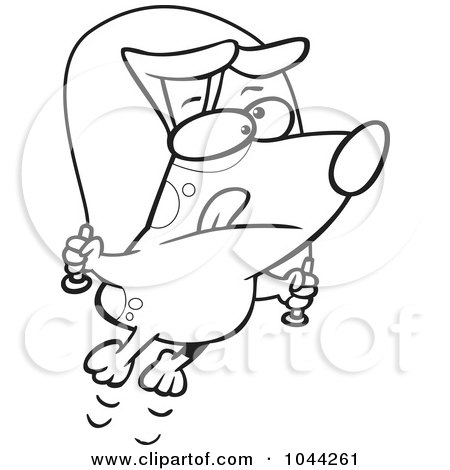 Royalty-Free (RF) Clip Art Illustration of a Cartoon Black And White Outline Design Of A Jumproping Dog by toonaday