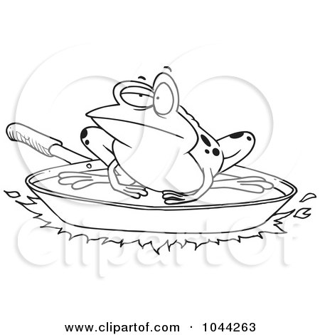 Royalty-Free (RF) Clip Art Illustration of a Cartoon Black And White Outline Design Of A Frog On A Frying Pan by toonaday