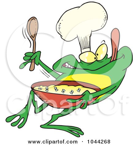 Royalty-Free (RF) Clip Art Illustration of a Cartoon Frog Chef Mixing Flies by toonaday