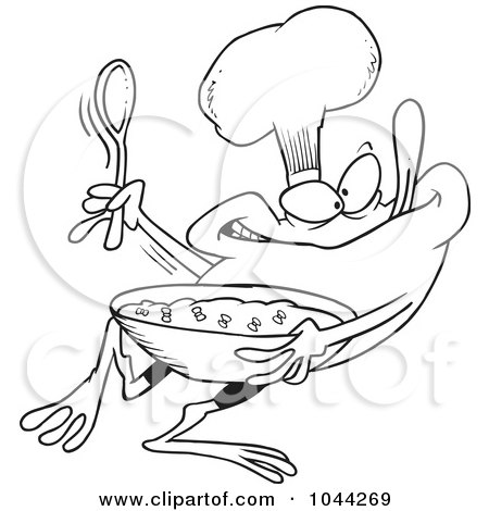 Royalty-Free (RF) Clip Art Illustration of a Cartoon Black And White Outline Design Of A Frog Chef Mixing Flies by toonaday