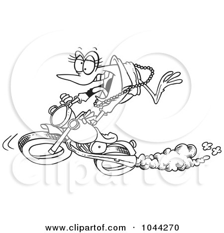 Royalty-Free (RF) Clip Art Illustration of a Cartoon Black And White Outline Design Of A Frog Biker Chick by toonaday