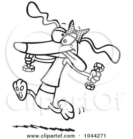Royalty-Free (RF) Clip Art Illustration of a Cartoon Black And White Outline Design Of A Healthy Dog Running With Dumbbells by toonaday