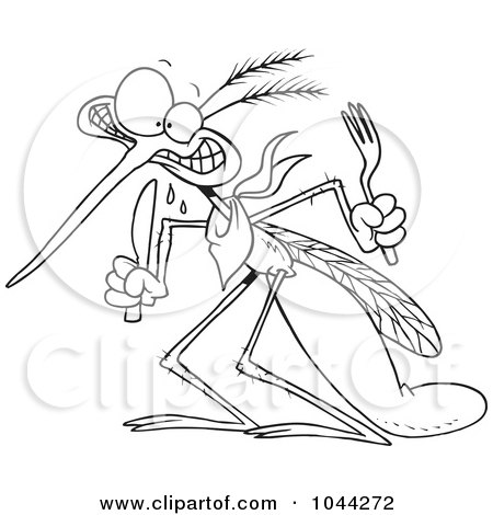 Royalty-Free (RF) Clip Art Illustration of a Cartoon Black And White Outline Design Of A Hungry Mosquito by toonaday