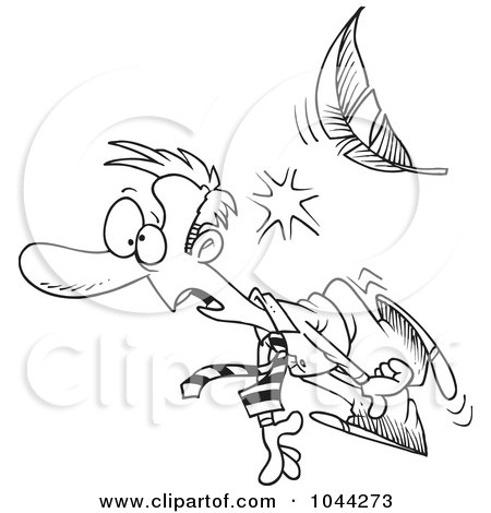 Royalty-Free (RF) Clip Art Illustration of a Cartoon Black And White Outline Design Of A Feather Knocking Out A Businessman by toonaday