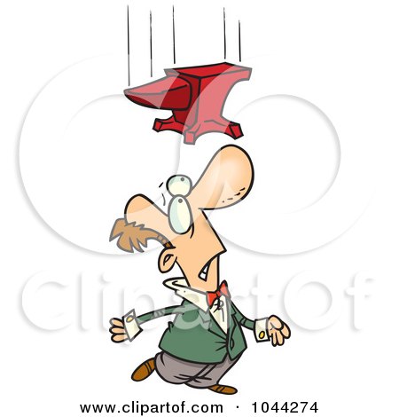Royalty-Free (RF) Clip Art Illustration of a Cartoon Man Looking Up At A Falling Anvil by toonaday
