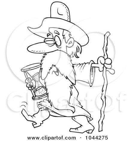 Royalty-Free (RF) Clip Art Illustration of a Cartoon Black And White Outline Design Of Father Time Carrying An Hourglass by toonaday