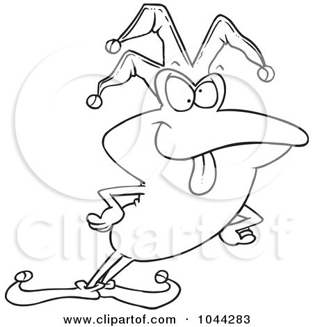 Royalty-Free (RF) Clip Art Illustration of a Cartoon Black And White Outline Design Of A Frog Fool by toonaday