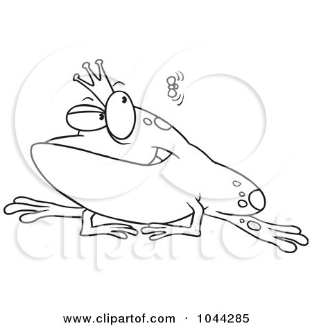 Royalty-Free (RF) Clip Art Illustration of a Cartoon Black And White Outline Design Of A King Frog Watching A Fly by toonaday