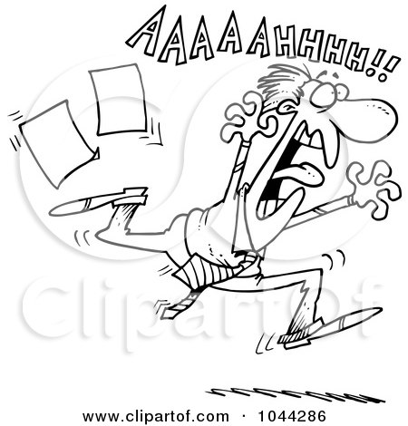 Royalty-Free (RF) Clip Art Illustration of a Cartoon Black And White Outline Design Of A Businessman Running In Fear by toonaday