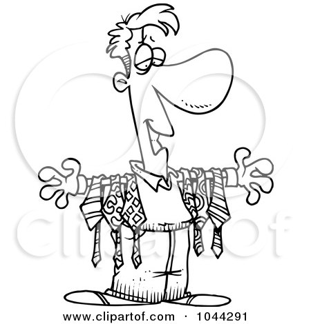 Royalty-Free (RF) Clip Art Illustration of a Cartoon Black And White Outline Design Of A Man Displaying Ties On His Arms by toonaday