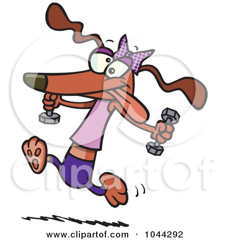 Royalty-Free (RF) Clip Art Illustration of a Cartoon Healthy Dog Running With Dumbbells by toonaday