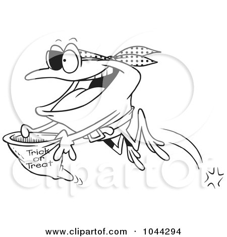 Royalty-Free (RF) Clip Art Illustration of a Cartoon Black And White Outline Design Of A Pirate Frog Trick Or Treating by toonaday