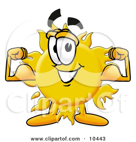 Clipart Picture of a Sun Mascot Cartoon Character Flexing His Arm Muscles by Mascot Junction