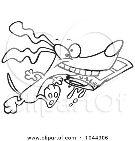 Royalty-Free (RF) Clip Art Illustration of a Cartoon Black And White Outline Design Of A Dog Fetching The Newspaper by toonaday