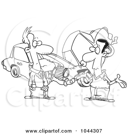 Royalty-Free (RF) Clip Art Illustration of a Cartoon Black And White Outline Design Of Two Men Roadside After A Fender Bender by toonaday
