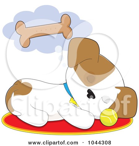 Royalty-Free (RF) Clip Art Illustration of a Cute Puppy Dreaming Of A Bone Biscuit by Maria Bell