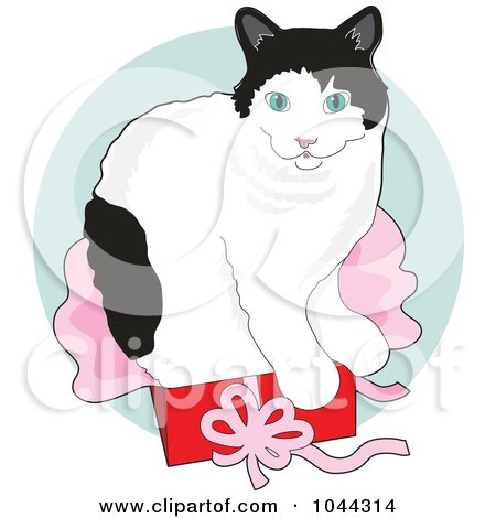 Royalty-Free (RF) Clip Art Illustration of a Cute Cat Sitting In A Gift Box Over A Green Circle by Maria Bell