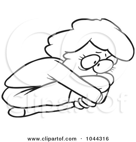 Royalty-Free (RF) Clip Art Illustration of a Cartoon Black And White Outline Design Of A Scared Woman Curled Up In A Fetal Position by toonaday