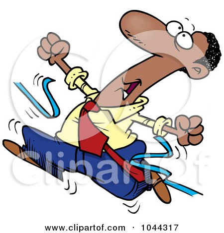 Royalty-Free (RF) Clip Art Illustration of a Cartoon Black Businessman Breaking Through The Finish Line Ribbon by toonaday