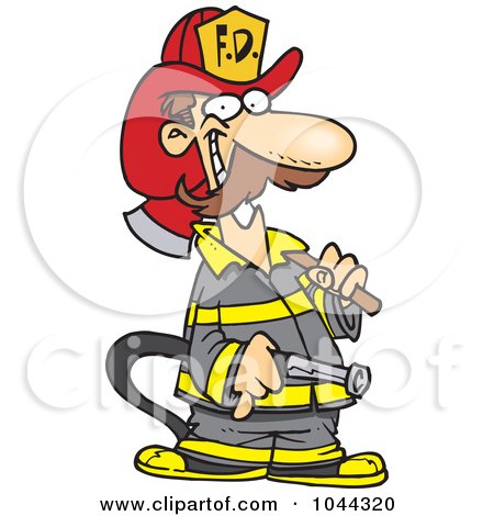 Cartoon Fire Fighter Carrying An Axe And Hose Posters, Art Prints