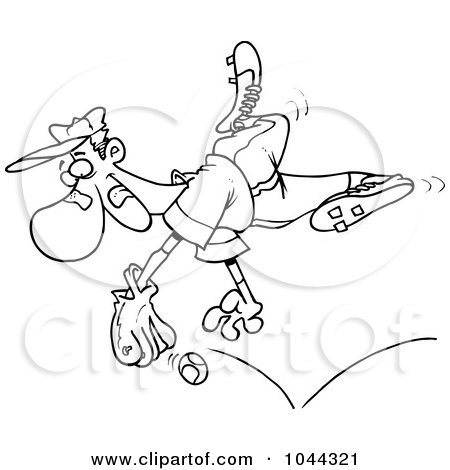Royalty-Free (RF) Clip Art Illustration of a Cartoon Black And White Outline Design Of A Player Diving For A Baseball by toonaday