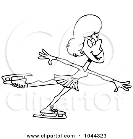 Royalty-Free (RF) Clip Art Illustration of a Cartoon Black And White Outline Design Of A Female Figure Skater by toonaday