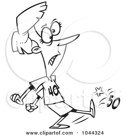 Royalty-Free (RF) Clip Art Illustration of a Cartoon Black And White Outline Design Of A Woman Wearing A 40 Shirt And Kicking 50 by toonaday