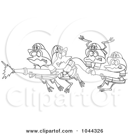 Royalty-Free (RF) Clip Art Illustration of a Cartoon Black And White Outline Design Of Fire Frogs Holding A Hose by toonaday