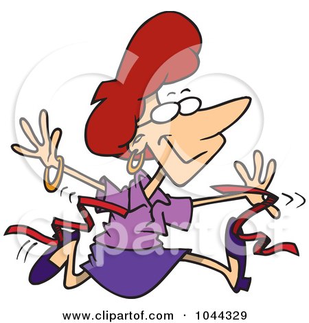 Royalty-Free (RF) Clip Art Illustration of a Cartoon Businesswoman Breaking Through A Finish Line Ribbon by toonaday