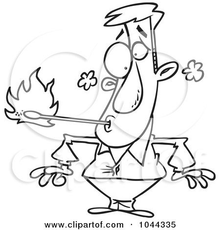 Royalty-Free (RF) Clip Art Illustration of a Cartoon Black And White Outline Design Of A Fire Eater Holding A Match In His Mouth by toonaday