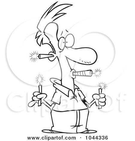 Royalty-Free (RF) Clip Art Illustration of a Cartoon Black And White Outline Design Of A Man Holding A Lot Of Fireworks by toonaday
