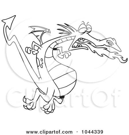 Royalty-Free (RF) Clip Art Illustration of a Cartoon Black And White Outline Design Of A Fire Breathing Dragon In Flight by toonaday
