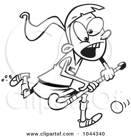 Royalty-Free (RF) Clip Art Illustration of a Cartoon Black And White Outline Design Of A Girl Playing Field Hockey by toonaday