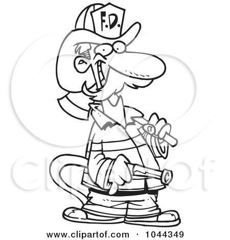 Royalty-Free (RF) Clip Art Illustration of a Cartoon Black And White Outline Design Of A Fire Fighter Carrying An Axe And Hose by toonaday