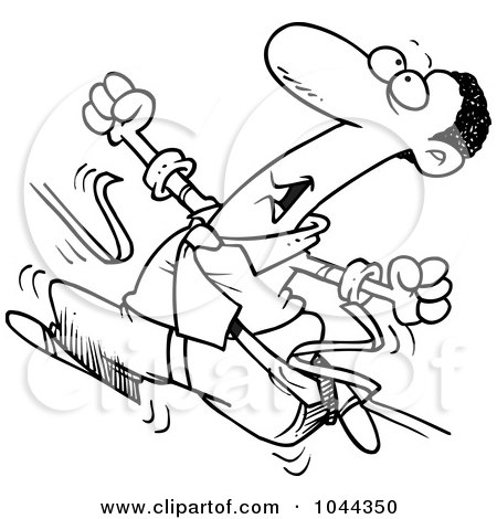 Royalty-Free (RF) Clip Art Illustration of a Cartoon Black And White Outline Design Of A Black Businessman Breaking Through The Finish Line Ribbon by toonaday