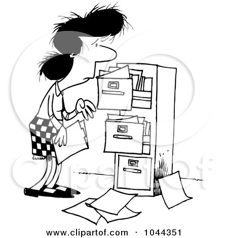 Royalty-Free (RF) Clip Art Illustration of a Cartoon Black And White Outline Design Of A Businesswoman At A Messy Cabinet by toonaday