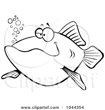 Royalty-Free (RF) Clip Art Illustration of a Cartoon Black And White Outline Design Of A Happy Fish by toonaday