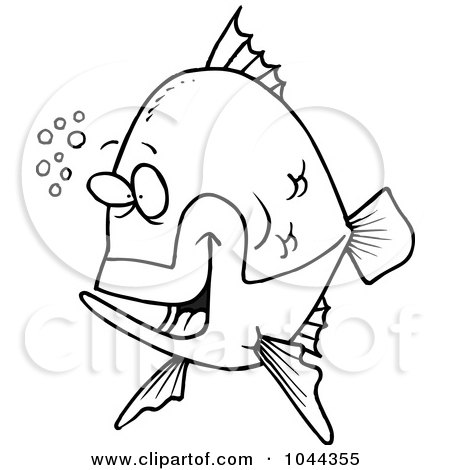 Royalty-Free (RF) Clip Art Illustration of a Cartoon Black And White  Outline Design Of A Happy Fish With Bubbles by toonaday #1044355