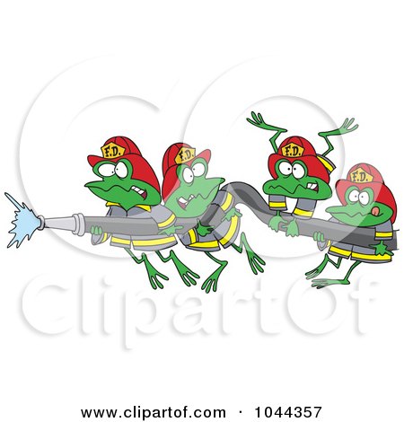 Royalty-Free (RF) Clip Art Illustration of Cartoon Fire Frogs Holding A Hose by toonaday