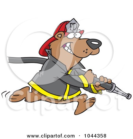 Royalty-Free (RF) Clip Art Illustration of a Cartoon Fire Fighter Bear Carrying A Hose by toonaday