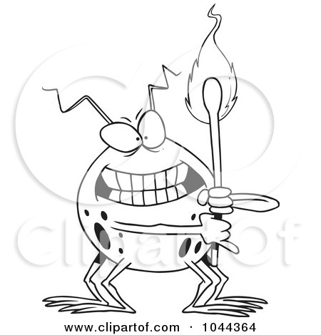 Royalty-Free (RF) Clip Art Illustration of a Cartoon Black And White Outline Design Of A Fire Bug Holding A Match by toonaday