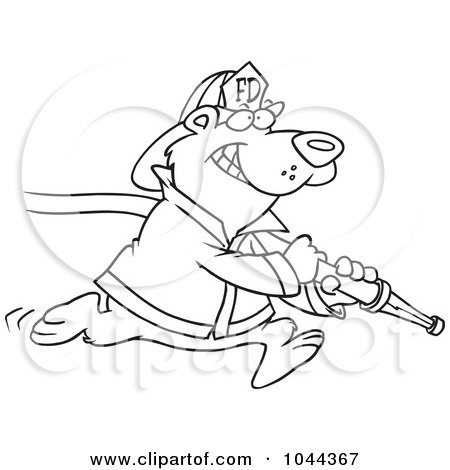 Royalty-Free (RF) Clip Art Illustration of a Cartoon Black And White Outline Design Of A Fire Fighter Bear Carrying A Hose by toonaday