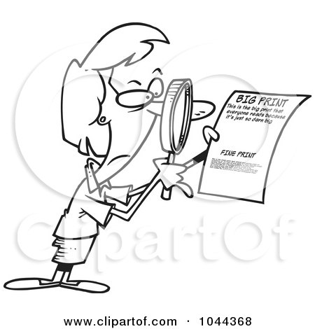 Royalty-Free (RF) Clip Art Illustration of a Cartoon Black And White Outline Design Of A Businesswoman Using A Magnifying Glass To Read The Fine Print by toonaday