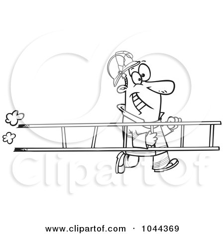 Royalty-Free (RF) Clip Art Illustration of a Cartoon Black And White Outline Design Of A Fire Fighter Carrying A Ladder by toonaday