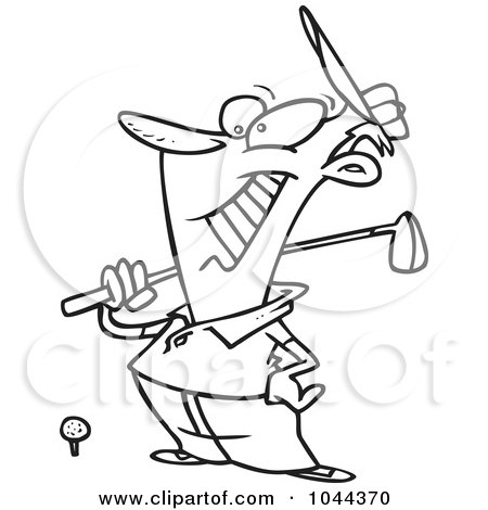 Royalty-Free (RF) Clip Art Illustration of a Cartoon Black And White Outline Design Of A Man Grinning At The Golf Course by toonaday